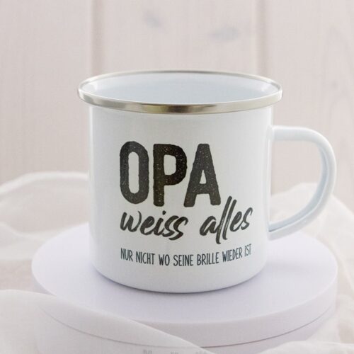 Emaille Tasse Opa weiss alles